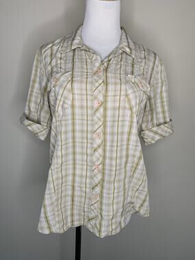 Alpine Design Tan Plaid Short Sleeve Top Sz Large